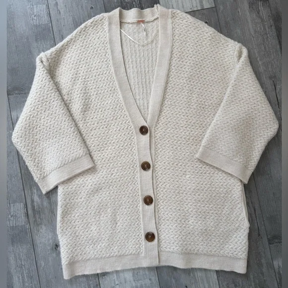 Free People Herringbone Stitch Kimono Cardigan Ivory Oversized Slouchy Small - Picture 3 of 14